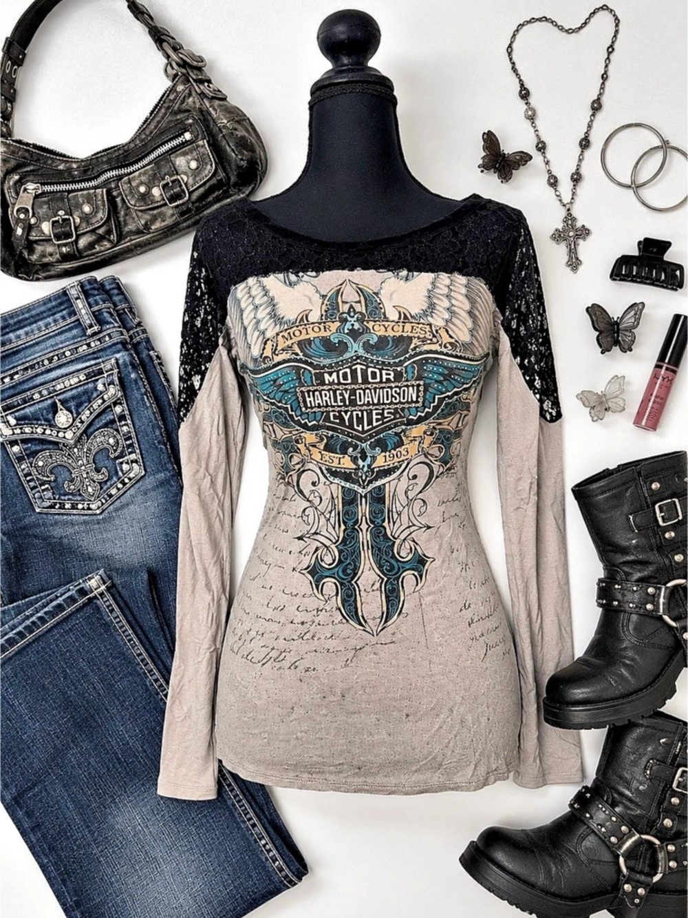 Y2K Harley Davidson Rhinestone Lace Long Sleeve Top Women’s Made USA Vintage